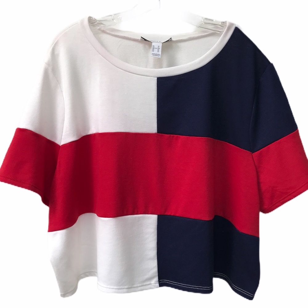 COLORBLOCK CROP TOP SIZE 3X RED WHITE & BLUE SUMMER PATRIOTIC VOTE AMERICA CH…